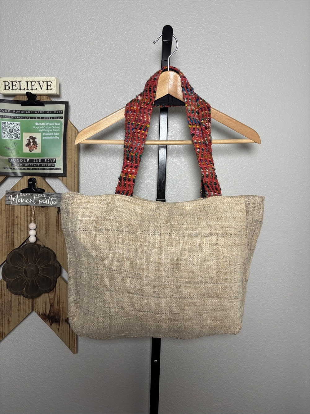 Handwoven Natural HempTote with Red Multicolor Straps Made in Nepal 19x14 NWOT